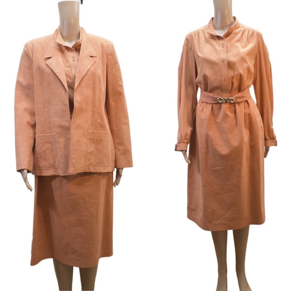 Vintage 80s Suede 4 Pieces Rust Orange Suit Skirt Set